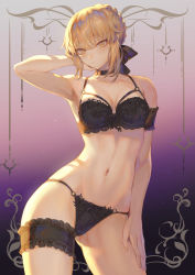 Rule 34 | 1girl, arm up, armpits, artoria pendragon (all), artoria pendragon (fate), black bra, black choker, black panties, blonde hair, bra, breasts, bridal garter, choker, closed mouth, contrapposto, fate/grand order, fate/stay night, fate (series), hair bun, hand on own thigh, highres, looking at viewer, mashuu (neko no oyashiro), medium breasts, navel, panties, saber alter, sidelocks, solo, stomach, underwear, underwear only, yellow eyes
