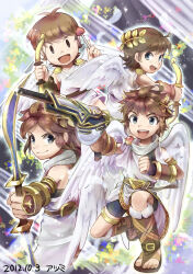 Rule 34 | 4boys, angel, angel wings, azumi (tks-sd), blue eyes, bow (weapon), brown hair, dual persona, highres, holding, holding weapon, kid icarus, kid icarus uprising, laurel crown, looking at viewer, multiple boys, nintendo, open mouth, pit (kid icarus), smile, time paradox, weapon, white wings, wings