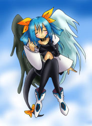 Rule 34 | 1girl, arc system works, asymmetrical wings, bad anatomy, blue hair, dizzy (guilty gear), closed eyes, guilty gear, poorly drawn, ribbon, solo, tail, tail ornament, tail ribbon, thighhighs, wings