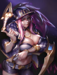 Rule 34 | 1girl, absurdres, akali, alternate breast size, asymmetrical clothes, balancing, baseball cap, belt, blue eyes, bo xun lin, bracelet, breasts, choker, cleavage, dagger, hat, highres, huge weapon, jacket, jewelry, k/da (league of legends), k/da akali, kama (weapon), knife, large breasts, league of legends, looking at viewer, midriff, navel, necklace, nose, open clothes, open jacket, pink hair, ponytail, reverse grip, sickle, single pantsleg, sleeves pushed up, solo, weapon