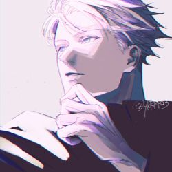 Rule 34 | 1boy, expressionless, hand on own face, jujutsu kaisen, lips, male focus, nanami kento, parted lips, portrait, shirt, short hair, solo, twitter username, ykrrr23