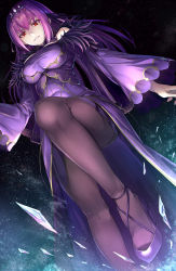 Rule 34 | 1girl, bare shoulders, black pantyhose, breasts, commentary request, cross-laced footwear, crystal, detached collar, dress, fate/grand order, fate (series), feet out of frame, from below, fur trim, grin, hair between eyes, high heels, highres, knee up, large breasts, long hair, long sleeves, looking at viewer, looking down, night, night sky, noe noel, off-shoulder dress, off shoulder, pantyhose, purple dress, purple footwear, purple hair, red eyes, scathach (fate), scathach skadi (fate), shiny clothes, sidelocks, sky, smile, solo, standing, standing on one leg, star (sky), starry sky, thighs, tiara, v-shaped eyebrows, wide sleeves
