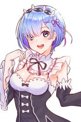 Rule 34 | 1girl, :d, black dress, black sleeves, blue eyes, blue hair, blush, breasts, cleavage, commentary request, dress, dutch angle, eyes visible through hair, hair ornament, hair over one eye, hair ribbon, hairclip, highres, juliet sleeves, kejanbo0111, long sleeves, looking at viewer, maid, medium breasts, open mouth, pink ribbon, puffy sleeves, re:zero kara hajimeru isekai seikatsu, rem (re:zero), ribbon, roswaal mansion maid uniform, simple background, smile, solo, teeth, upper teeth only, white background, wide sleeves, x hair ornament