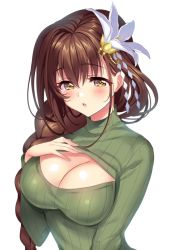 Rule 34 | 1girl, blush, braid, breasts, brown eyes, brown hair, cleavage, cleavage cutout, clothes lift, clothing cutout, flower, hair flower, hair ornament, hair over shoulder, hand on own chest, kanpani girls, large breasts, long hair, meme attire, mole, mole under eye, open-chest sweater, open mouth, ribbed sweater, senri gan, shirayuri sakura, simple background, single braid, solo, sweater, sweater lift, turtleneck, white background