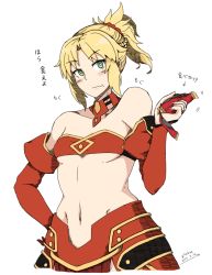 Rule 34 | 1girl, bad id, bad pixiv id, bandeau, blonde hair, breasts, candy, chocolate, chocolate bar, detached sleeves, eating, fate/apocrypha, fate/grand order, fate (series), food, gitakua, green eyes, midriff, mordred (fate), mordred (fate/apocrypha), navel, ponytail, scrunchie, small breasts, solo, strapless, tube top