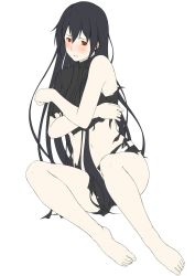 Rule 34 | 10s, 1girl, bad id, bad twitter id, bare legs, barefoot, belt, black hair, blush, commentary request, covering privates, covering chest, female admiral (kancolle), flat color, full body, hair between eyes, highres, kantai collection, knees up, long hair, looking at viewer, military, military uniform, navel, niwatazumi, open mouth, red eyes, self hug, simple background, single sleeve, solo, tatebayashi sakurako, tears, torn clothes, translation request, uniform, very long hair, white background