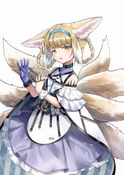 Rule 34 | 1girl, animal ears, arknights, blonde hair, blue dress, blue hairband, dress, fang, fox ears, fox tail, gloves, hair rings, hairband, highres, infection monitor (arknights), looking at viewer, material growth, multicolored hair, multiple tails, open mouth, oripathy lesion (arknights), simple background, single glove, skin fang, solo, suzuran (arknights), tail, two-tone hair, white background, white hair, yellow eyes, yuuki mix