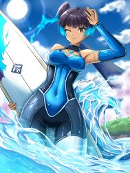 Rule 34 | 1girl, absurdres, alternate costume, black hair, blue hair, brown eyes, fgsketch, highres, looking at viewer, multicolored hair, official alternate costume, one eye closed, outdoors, sena (xenoblade), solo, surfboard, swimsuit, water, xenoblade chronicles (series), xenoblade chronicles 3