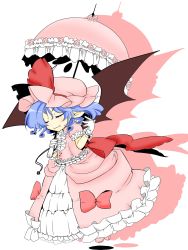Rule 34 | 1girl, bad id, bad pixiv id, bat wings, blue hair, closed eyes, fang, female focus, full body, gloves, hat, highres, minato18, pointy ears, remilia scarlet, shino satoru, short hair, solo, touhou, umbrella, white background, wings