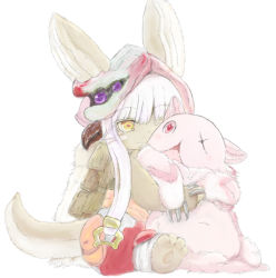 Rule 34 | 10s, animal ears, blush stickers, ears through headwear, furry, hug, long hair, made in abyss, mitty (made in abyss), nanachi (made in abyss), one eye closed, whiskers, white background, white hair, yellow eyes