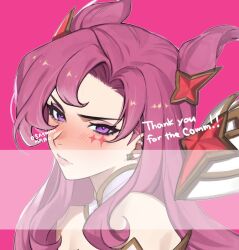 Rule 34 | 1girl, blush, closed mouth, commission, earrings, english text, hair ornament, jewelry, kai&#039;sa, league of legends, long hair, pink background, pink eyes, pink hair, portrait, solo, star (symbol), star earrings, star guardian kai&#039;sa, star hair ornament, thank you, two side up, wosashimi