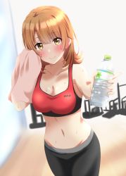 Rule 34 | 1girl, black pants, blush, bottle, breasts, brown hair, cleavage, closed mouth, collarbone, cowboy shot, dars (recolors), groin, hair between eyes, holding, holding bottle, holding towel, indoors, isshiki iroha, long hair, looking at viewer, medium breasts, midriff, navel, pants, red sports bra, smile, solo, sports bra, sportswear, standing, stomach, straight hair, sweatdrop, towel, yahari ore no seishun lovecome wa machigatteiru., yellow eyes