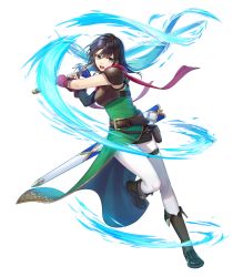 Rule 34 | 1girl, armor, belt, belt pouch, black hair, boots, breastplate, brown footwear, dress, earrings, fingerless gloves, fire emblem, fire emblem: thracia 776, fire emblem heroes, full body, gloves, glowing, green dress, highres, jewelry, mareeta (fire emblem), nintendo, official art, pants, pouch, red scarf, scarf, shoulder armor, sleeveless, solo, standing, sword, thigh strap, transparent background, weapon, white pants