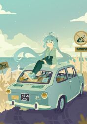 Rule 34 | 1girl, absurdres, ahoge, alternate costume, aqua eyes, aqua footwear, aqua hair, aqua necktie, bird, blue sky, blush, car, commentary, english text, field, fishing hook, full body, green shirt, green skirt, green thighhighs, hatsune miku, highres, looking up, megurine luka, motor vehicle, necktie, ocean, open mouth, outdoors, pleated skirt, projecttiger, road, shirt, shoes, sidelocks, sign, sitting on car, skid mark, skirt, sky, smile, sneakers, solo, symbol-only commentary, takoluka, thighhighs, vocaloid