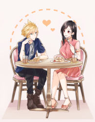 Rule 34 | 1boy, 1girl, absurdres, black hair, blonde hair, blue eyes, breasts, brown footwear, casual, chair, cloud strife, couple, cup, dating, dress, drink, drinking straw, earrings, final fantasy, final fantasy vii, final fantasy vii remake, food, fork, full body, heart, highres, holding, holding fork, jewelry, long hair, looking at another, mizuamememe, pants, pink dress, red eyes, sandals, shirt, short sleeves, sitting, spiked hair, square enix, table, tifa lockhart