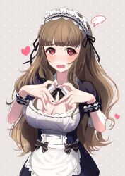 Rule 34 | 1girl, absurdres, alternate costume, apron, black ribbon, blunt ends, blush, breasts, brown hair, cleavage, detached collar, enmaided, heart, heart hands, highres, idolmaster, idolmaster cinderella girls, kamiya nao, large breasts, long hair, looking at viewer, maid, maid headdress, neck ribbon, polka dot, polka dot background, red eyes, ribbon, sikimosh, simple background, solo, spoken blush, upper body, very long hair, waist apron, white apron, wrist cuffs