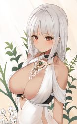 Rule 34 | 1girl, absurdres, arms behind back, azur lane, bare shoulders, blush, breasts, brown eyes, center opening, cleavage, closed mouth, collarbone, dark-skinned female, dark skin, dorok, dress, facial mark, forehead mark, halter dress, halterneck, highres, jewelry, large breasts, long hair, looking at viewer, massachusetts (azur lane), massachusetts (dressed to impress) (azur lane), mole, mole on breast, native american, necklace, silver hair, sleeveless, sleeveless dress, solo, white dress