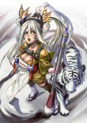 Rule 34 | 1girl, aro (charged time out), bad id, bad pixiv id, breasts, calligraphy brush, cleavage, facial mark, geta, japanese clothes, kimono, large breasts, long hair, original, paintbrush, ponytail, ribbon trim, solo, tabi, thighhighs, tiger, whisker markings, white hair