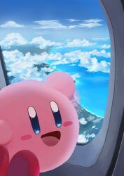 Rule 34 | above clouds, airplane interior, blue sky, blush stickers, cloud, colored skin, commentary request, highres, kirby, kirby (series), looking at viewer, mitama pk1027, nintendo, no humans, ocean, open mouth, pink skin, sky, solid oval eyes, window
