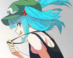 Rule 34 | 1girl, bare shoulders, black hair, black vest, blue eyes, green headwear, highres, holding, holding key, jewelry, kawashiro nitori, key, key necklace, mikage tsuki, multicolored hair, necklace, open mouth, side ponytail, smile, solo, touhou, twitter username, two-tone hair, upper body, vest