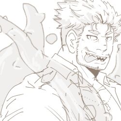 Rule 34 | 1boy, bara, beard, collared shirt, dagon (housamo), facial hair, greyscale, highres, jewelry, long sideburns, male focus, mature male, monochrome, muscular, muscular male, necklace, sharp teeth, shirt, short hair, sideburns, simple background, smile, solo, stubble, teeth, tentacles, tokyo houkago summoners, tongue, tongue out, upper body, white background, wood (xkw ma)