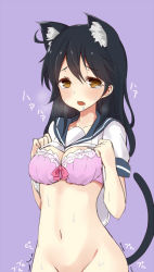 Rule 34 | 10s, 1girl, animal ears, bad id, bad pixiv id, black hair, blush, bottomless, bra, breasts, breath, brown eyes, cat ears, cat tail, clothes lift, drooling, kantai collection, large breasts, navel, pink bra, purple background, sailor collar, school uniform, serafuku, shirt lift, simple background, solo, tail, takehana note, translation request, trembling, underwear, ushio (kancolle)