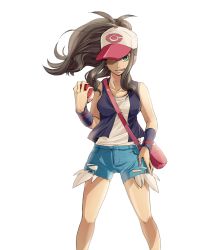 Rule 34 | 1girl, black hair, blue shorts, breasts, collarbone, creatures (company), denim, denim shorts, floating hair, game freak, green eyes, hand on own hip, hat over one eye, highres, hilda (pokemon), holding, holding poke ball, kamihitoe, long hair, looking at viewer, medium breasts, nintendo, open mouth, poke ball, poke ball (basic), pokemon, pokemon bw, ponytail, shirt, short shorts, shorts, simple background, solo, standing, torn clothes, torn shorts, visor cap, white background, white shirt, wrist cuffs