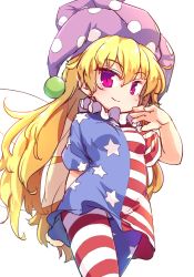 Rule 34 | 1girl, american flag, american flag legwear, american flag print, american flag shirt, blonde hair, breasts, closed mouth, clownpiece, cowboy shot, fairy wings, frilled shirt collar, frills, hair between eyes, hat, isu (is88), jester cap, leggings, long hair, looking at viewer, neck ruff, pantyhose, pink eyes, polka dot, polka dot headwear, print shirt, purple hat, shirt, simple background, small breasts, smile, solo, standing, star (symbol), star print, striped clothes, striped pantyhose, striped shirt, touhou, white background, wings