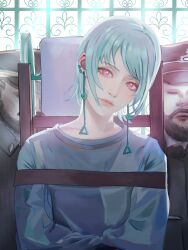 Rule 34 | 1girl, 2boys, absurdres, aqua hair, beard, chainsaw man, chair, chinese commentary, collarbone, commentary, dangle earrings, earrings, facial hair, fami (chainsaw man), guard, hat, head tilt, highres, jewelry, kepi, light blush, lips, looking at viewer, making-of available, military hat, movie reference, multiple boys, on chair, parted lips, people, pink eyes, restrained, ringed eyes, sitting, solo focus, straight-on, straitjacket, stud earrings, the silence of the lambs, upper body, window, yao liao wang