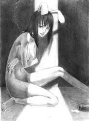 Rule 34 | 1girl, animal ears, barefoot, breast hold, breasts, chain, cleavage, collar, covering privates, covering breasts, edo tatsuki, female focus, from side, greyscale, inaba tewi, monochrome, nude, nude cover, rabbit ears, reisen udongein inaba, sitting, solo, tears, touhou, traditional media