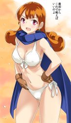 Rule 34 | 1girl, alena (dq4), bikini, blush, breasts, cape, cleavage, commentary request, curly hair, dragon quest, dragon quest iv, earrings, gloves, imaichi, jewelry, long hair, looking at viewer, open mouth, orange hair, red eyes, smile, solo, swimsuit, white bikini