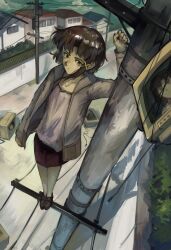 Rule 34 | 1girl, absurdres, brown eyes, brown hair, cable, crt, hair ornament, hairclip, highres, holding, iwakura lain, kornod, looking at viewer, monitor, multiple views, power lines, serial experiments lain, short hair, skirt, solo, standing, standing on object