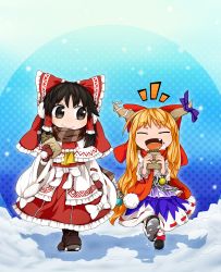 Rule 34 | 2girls, :&lt;, ^ ^, ascot, black hair, boots, bow, byourou, capelet, chain, closed eyes, cuffs, detached sleeves, earmuffs, eating, fangs, female focus, food, grey eyes, hair bow, hair tubes, hakurei reimu, highres, horn ornament, horn ribbon, horns, ibuki suika, long hair, mary janes, mittens, multiple girls, open mouth, orange hair, red mittens, ribbon, scarf, school uniform, shackles, shoes, skirt, smile, taiyaki, touhou, wagashi, winter clothes, wrist cuffs