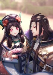 Rule 34 | 1boy, 1girl, black hair, brother and sister, butterfly hair ornament, chinese clothes, dan fei, dan heng, earrings, flower, hair flower, hair ornament, hat, jewelry, long hair, purple eyes, siblings, soul (tamashii), thunderbolt fantasy