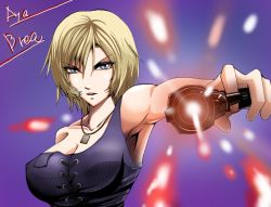 Rule 34 | 1girl, aya brea, bare shoulders, blonde hair, blue eyes, breasts, gii (claustrophobia222), gun, hair between eyes, handgun, holding, holding gun, holding weapon, jewelry, looking at viewer, necklace, parasite eve, parasite eve the 3rd birthday, pistol, short hair, sideboob, solo, the 3rd birthday, torn clothes, weapon