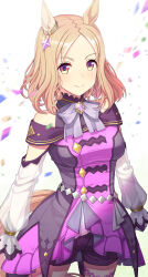 Rule 34 | 1girl, animal ears, arms at sides, bare shoulders, blonde hair, bow, bowtie, breasts, brooch, clenched hands, closed mouth, confetti, cowboy shot, detached sleeves, glint, highres, horse ears, horse girl, horse tail, impossible clothes, itou (onsoku tassha), jacket, jewelry, looking at viewer, medium breasts, narita top road (umamusume), purple jacket, purple shorts, see-through, see-through sleeves, shorts, smile, solo, standing, tail, umamusume, white background