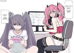 Rule 34 | !, !!, 1girl, 2girls, :o, absurdres, alternate costume, anger vein, ass, azur lane, back, bare shoulders, belt, black belt, black thighhighs, blue eyes, blush, breasts, bremerton (azur lane), chair, cleavage, collarbone, commentary, computer, computer tower, controller, crop top, desk, dishwasher1910, english commentary, english text, eyes visible through hair, frilled shirt, frills, grey hair, hair between eyes, hair ornament, hair ribbon, headgear, highres, intrepid (azur lane), large breasts, long hair, meme, midriff, monitor, multicolored hair, multiple girls, open mouth, pink eyes, pink hair, playing games, remote control, ribbon, shaded face, shirt, short shorts, shorts, sideboob, sidelocks, simple background, sitting, sleeveless, sleeveless shirt, streaked hair, t-shirt, thighhighs, twintails, twitter username, two side up, very long hair, white background, white shirt, white shorts