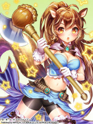Rule 34 | 1girl, animal ears, axe, blush, breasts, brown eyes, brown hair, character request, cleavage, crop top, esphy, gloves, hen-shin-shou-jo metamol maiden, holding, holding weapon, long hair, midriff, navel, open mouth, ponytail, shorts, solo, squirrel ears, squirrel tail, star (symbol), tail, weapon, white gloves