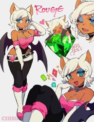 Rule 34 | &gt; &lt;, 1girl, :d, animal ears, artist name, bare shoulders, bat ears, bat wings, belt, black choker, black pants, blue eyes, blue eyeshadow, boots, breasts, chaos emerald, character name, choker, ciosuii, cleavage, dark-skinned female, dark skin, elbow gloves, eyeshadow, fang, gem, gloves, green gemstone, grey background, heart, highres, hug, humanization, jewelry, knee boots, large breasts, lipstick, looking at viewer, makeup, master emerald, multiple views, one eye closed, open mouth, pants, rouge the bat, short hair, simple background, smile, sonic (series), thick eyebrows, white footwear, white gloves, white hair, wings