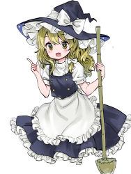 Rule 34 | 1girl, :d, ama-tou, apron, blonde hair, bow, braid, broom, buttons, dress, eyelashes, frilled apron, frilled dress, frilled hat, frills, hat, hat bow, index finger raised, kirisame marisa, long hair, looking at viewer, open mouth, pointing, pointing up, short sleeves, simple background, smile, solo, star (symbol), star print, touhou, waist apron, wavy hair, white background, witch hat, yellow eyes