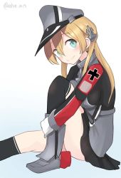 Rule 34 | 1girl, ahenn, aqua eyes, black skirt, black thighhighs, blonde hair, blush, breasts, gradient background, hair between eyes, hat, kantai collection, large breasts, long hair, long sleeves, low twintails, military, military hat, military uniform, peaked cap, pleated skirt, prinz eugen (kancolle), skirt, smile, solo, thighhighs, twintails, twitter username, uniform