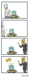 Rule 34 | 1girl, 4koma, antennae, butterfly wings, chamaji, check commentary, colored sclera, comic, commentary request, denim, eternity larva, formal, green hair, green sclera, hair between eyes, highres, image sample, insect wings, jeans, kanji, leaf, looking back, monday, open mouth, pants, pulling, shirt, short hair, short sleeves, skirt, suit, sunday, t-shirt, touhou, trembling, walking away, waving, wings