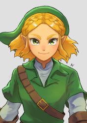 Rule 34 | 1girl, absurdres, alternate costume, bad id, bad twitter id, belt, blonde hair, braid, brown gloves, closed mouth, cosplay, crown braid, gloves, green eyes, green headwear, grey background, hat, highres, layered clothes, link, link (cosplay), looking at viewer, nintendo, pointy ears, princess zelda, rv (gvdn7245), short hair, signature, simple background, smile, the legend of zelda, the legend of zelda: breath of the wild, the legend of zelda: tears of the kingdom, the legend of zelda: ocarina of time, tunic, upper body