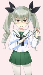 Rule 34 | 10s, 1girl, alternate costume, anchovy (girls und panzer), angry, black neckerchief, black ribbon, blouse, blush, collarbone, cowboy shot, drill hair, gedou (ge ge gedou), girls und panzer, green hair, green skirt, grimace, hair ribbon, highres, holding, long hair, long sleeves, looking at viewer, miniskirt, neckerchief, ooarai school uniform, pantyhose, pleated skirt, red eyes, ribbon, riding crop, school uniform, serafuku, shirt, simple background, skirt, solo, standing, sweatdrop, twin drills, twintails, white background, white pantyhose, white shirt