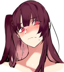 Rule 34 | 1girl, azarea, blunt bangs, blush, closed mouth, commentary request, girls&#039; frontline, hair between eyes, head only, long hair, looking at viewer, nose blush, one side up, portrait, purple hair, red eyes, sidelocks, simple background, solo, sweat, wa2000 (girls&#039; frontline), wavy mouth, white background