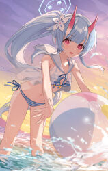 Rule 34 | 1girl, :d, ball, bare arms, bare shoulders, beachball, bikini, blue archive, blue hair, breasts, chise (blue archive), chise (swimsuit) (blue archive), commentary request, flower, hair flower, hair ornament, highres, horns, looking at viewer, navel, nima (niru54), oni, oni horns, open mouth, outdoors, outstretched arms, ponytail, red eyes, sailor collar, see-through, small breasts, smile, solo, striped bikini, striped clothes, sunset, swimsuit, water, white flower, white sailor collar