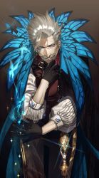 Rule 34 | 1boy, absurdres, belt, black gloves, black pants, blue butterfly, blue eyes, bug, butterfly, cane, facial hair, fate/grand order, fate (series), formal, glint, gloves, gradient background, grey background, grey hair, hand up, highres, insect, james moriarty (archer) (fate), long sleeves, looking at viewer, male focus, mustache, pants, short hair, smile, suzuki rui