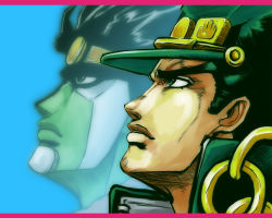 Rule 34 | border, chain, derivative work, from side, green eyes, green hair, hat, jojo no kimyou na bouken, kuujou joutarou, letterboxed, looking up, male focus, red border, solo, stand (jojo), star platinum, takeyasuz, transparent, zoom layer