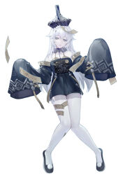 Rule 34 | bare shoulders, black dress, black sleeves, chinese clothes, cross hair ornament, detached sleeves, dress, grey eyes, grey hair, hair ornament, highres, jiangshi, jiangshi costume, karin (2290463757), long hair, looking at viewer, no.21 (punishing: gray raven), ofuda, ofuda on clothes, ofuda on leg, parted lips, punishing: gray raven, sleeves past fingers, sleeves past wrists, white background, wide sleeves