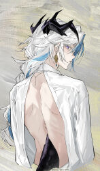 Rule 34 | 1boy, abstract background, arknights, backless outfit, blue hair, commentary, demon horns, earrings, frown, highres, horns, jewelry, kaninn, long hair, looking at viewer, looking back, male focus, multicolored hair, open clothes, open shirt, purple eyes, puzzle (arknights), shirt, solo, streaked hair, sweat, tail, toned, toned male, twitter username, white hair, white shirt, yellow background